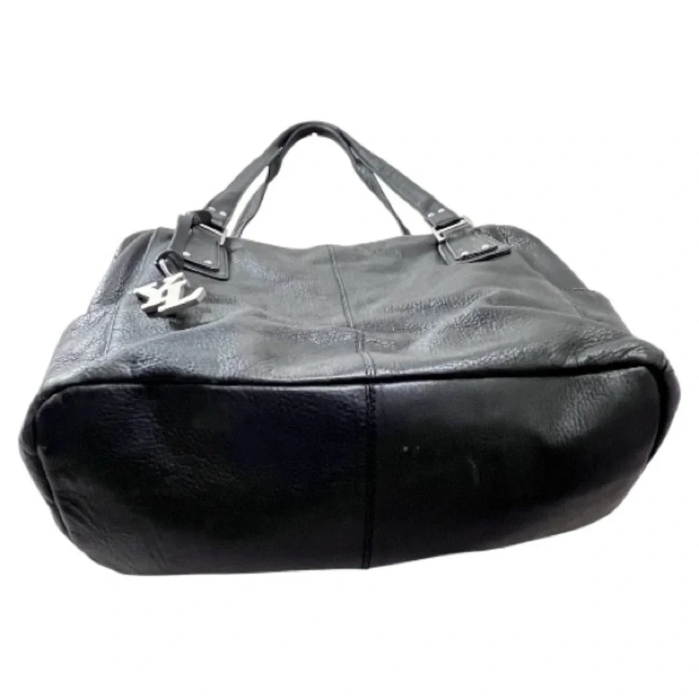 YL New York London Black Leather Tote Bag Large Shoulder Handbag Silver Charm